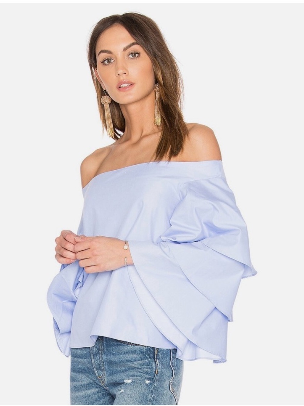 Endless Rose Off-Shoulder Light Blue Bell-Sleeve Top L